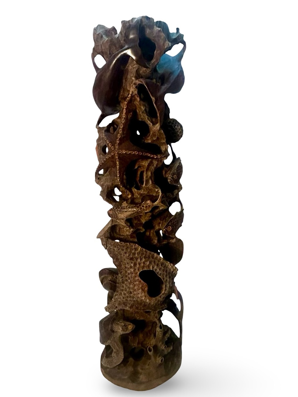 Hand carved Coral Reef Sculpture with Starfish, Sharks, Turtle, Fish, Dolphins